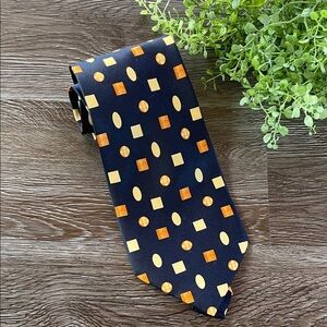 Kai Long Handmade 100% Silk Men’s Navy Blue & Orange Geometric Pattern